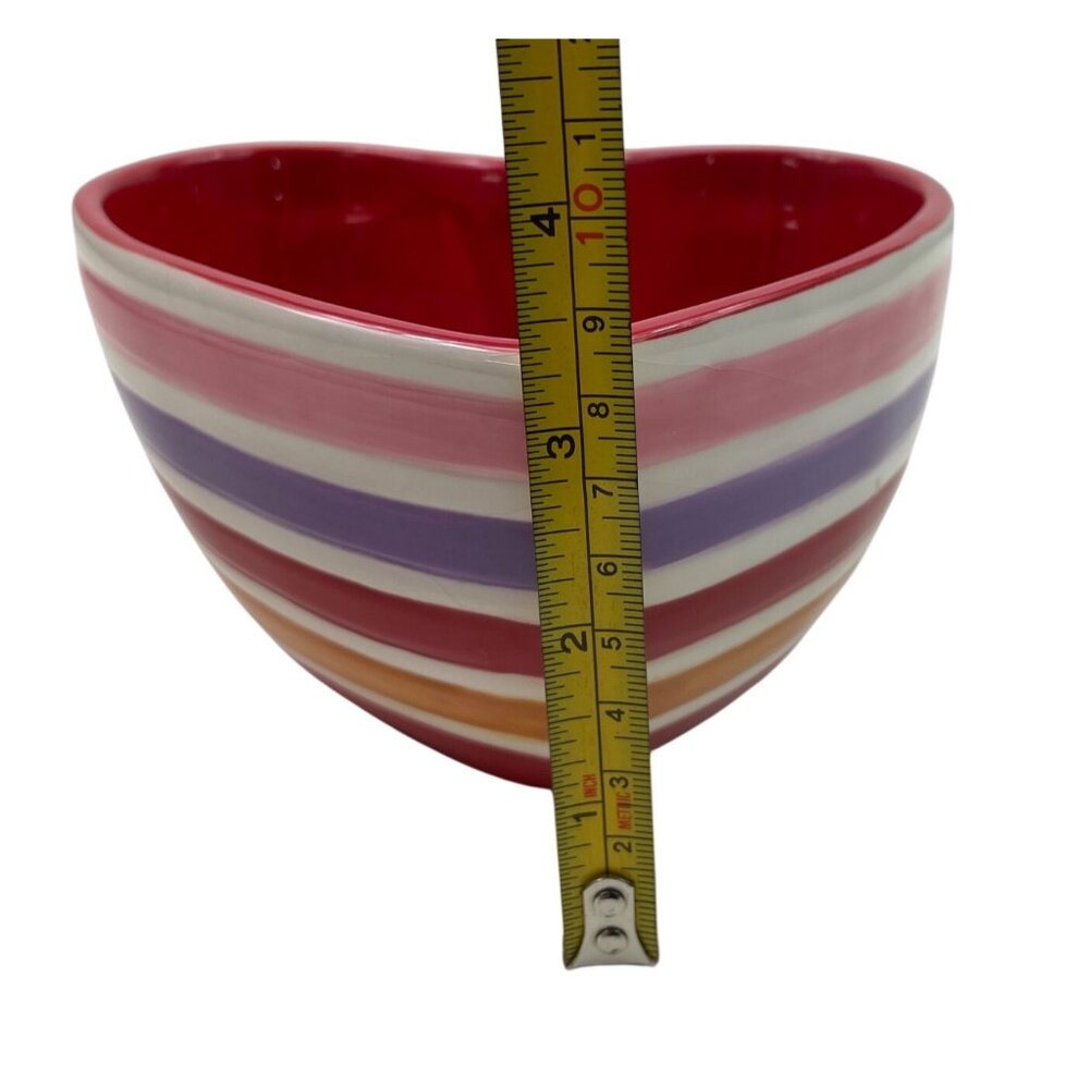 Heart-Shaped Ceramic Bowl With Multicolor Stripes Red Interior 6" Diameter - Picture 13 of 13